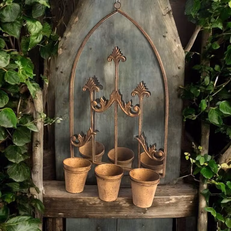 Minster Metal Wall Mirror with Triple Planter in Rusty Brown, W: 45 cm, D: 15 cm, H: 75 cm