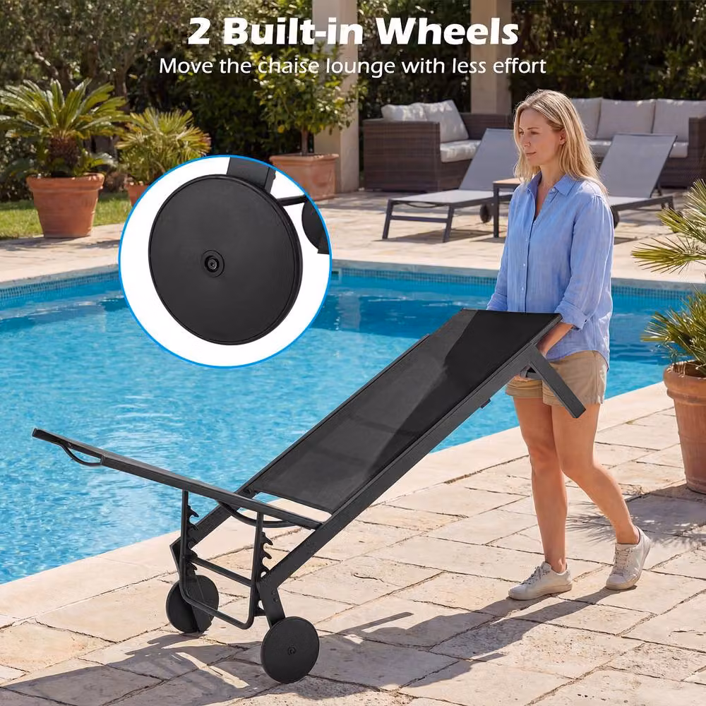 Costway Set of 2 Black Outdoor Patio Sun Lounger Recliner Chairs with Wheels and Adjustable Headrests – 5
