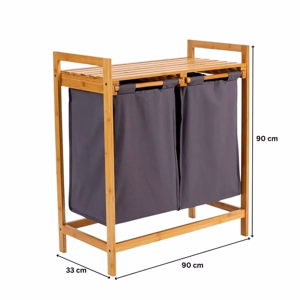 FORGEVIO Laundry Basket with Pull Out Shelf, Brown Bamboo Frame and Fabric Bags – 2