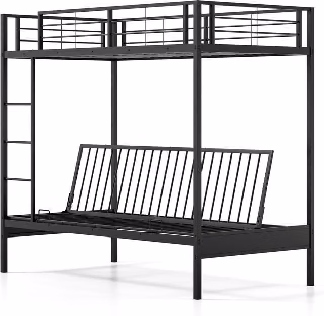 COSTWAY Single Over Futon Bunk Bed with Stairs and Cotton Futon, Black Metal