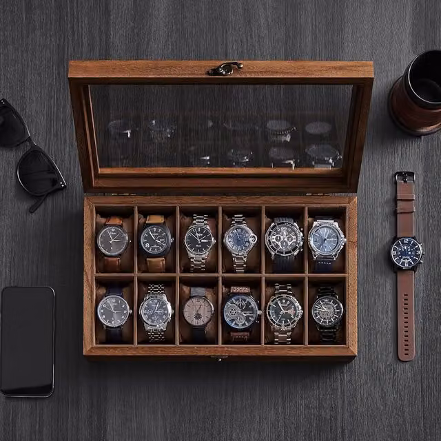 SONGMICS Solid Wood Watch Box with 12 Slots and Glass Lid, Bronze/Brown, W: 35.0 cm, D: 21.0 cm, H: 8.5 cm
