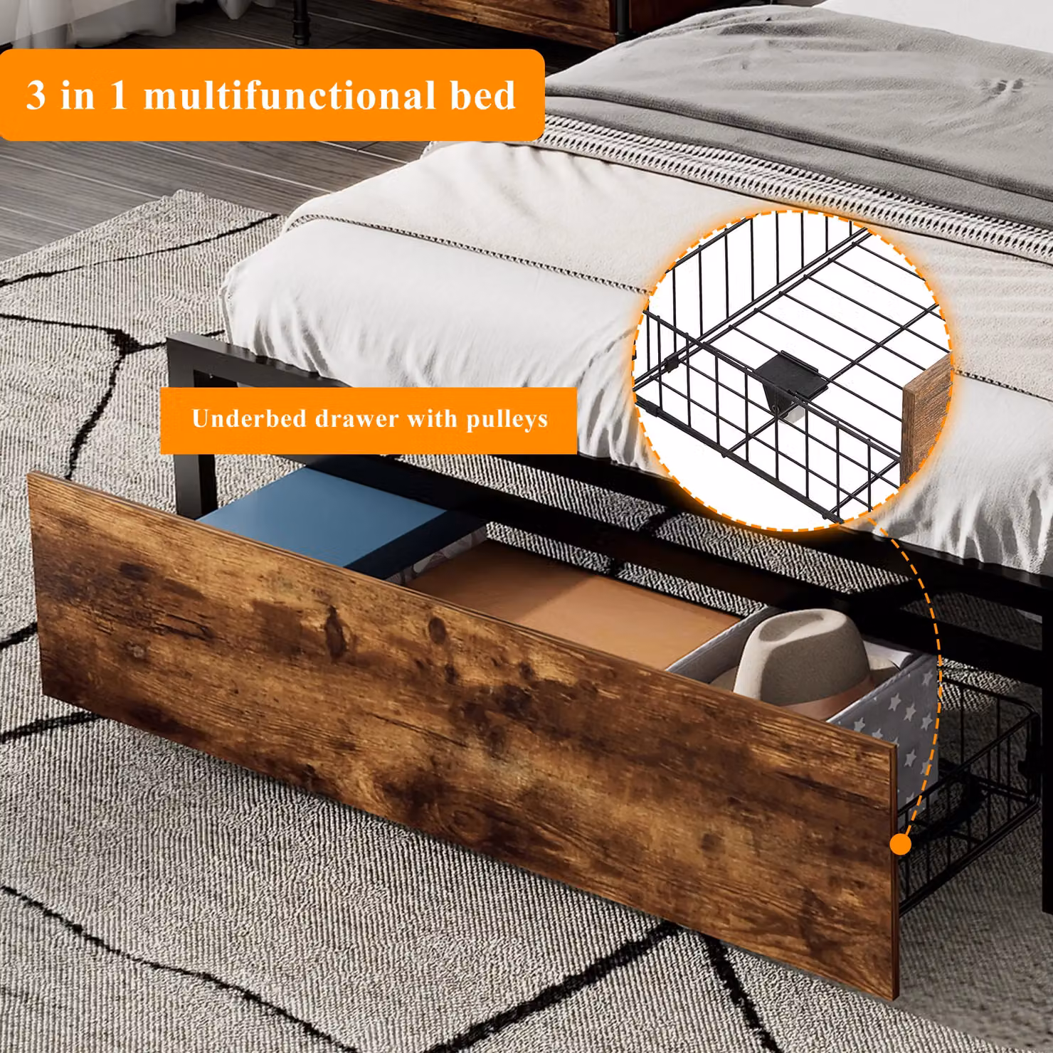 Matteo Metal Single Bed in Black with LED Light Strip, Storage Drawer and USB/Type C Ports, W/D/H: 90 x 190 x 105 cm – 8