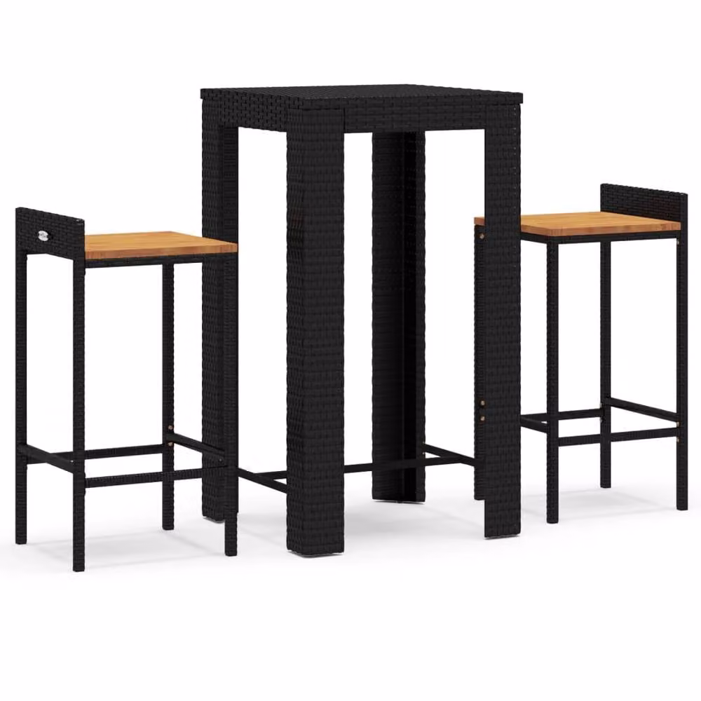 Berkfield Home 3 Piece Garden Bar Set in Black Poly Rattan and Solid Acacia Wood – 2