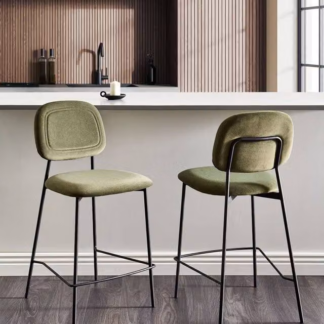 Wyld and Coco Set of 2 Olive Green Velvet Counter Height Bar Stools with Black Iron Legs – 1