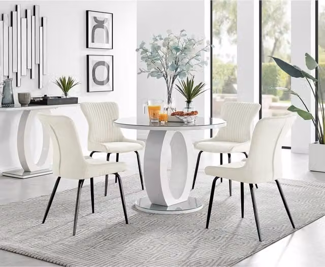 FurnitureboxUK Giovani Round Grey Glass Dining Table 100cm and 4 Nora Black Leg Chairs in Cream