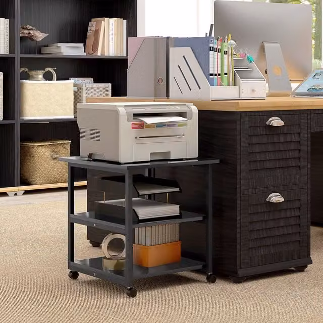 HOMCOM 3-Tier Black Metal Printer Stand with Storage and Wheels