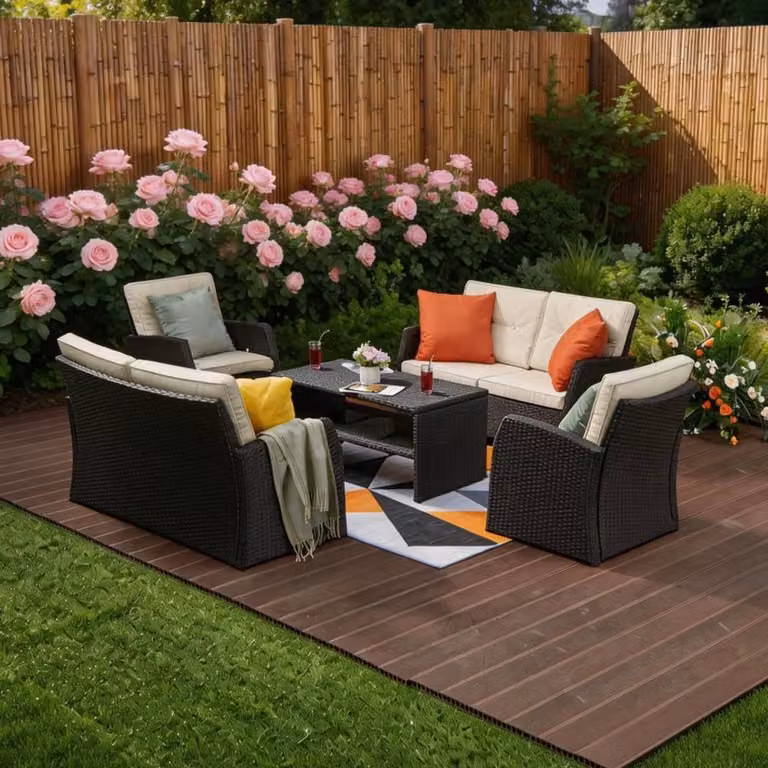 FURNITURE ONE 6 Seater Rattan Garden Furniture Set with Coffee Table in Brown and Beige