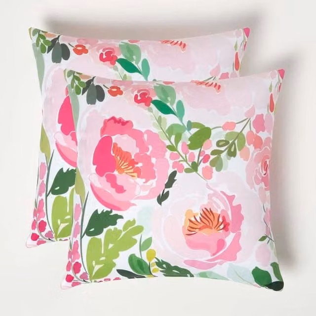 Homescapes Pink Peony Floral Outdoor Cushion Set of 2, Pink and Green, W/D/H: 45 x 45 x 45 cm