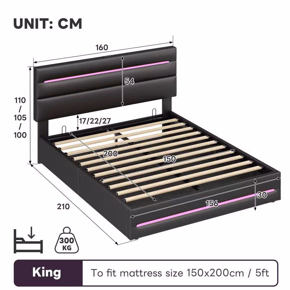 Rolipo King Size Upholstered Ottoman Bed Frame with LED Lighting and USB Charging Port, Black PU Leather, W/D/H: 180 x 200 cm – 6