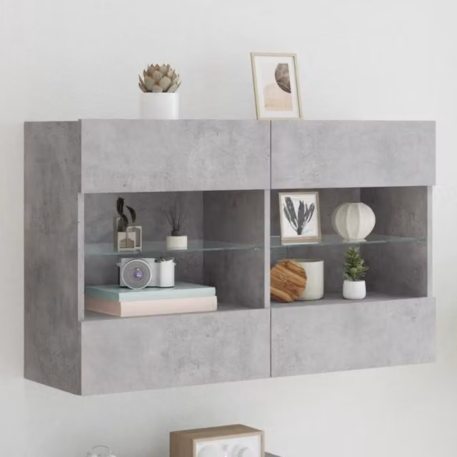 Berkfield Home Modern Wall Mounted TV Cabinet with Integrated LED Lights and Internal Shelves in Matt Concrete Grey, W: 98.5 cm, D: 30 cm, H: 60.5 cm