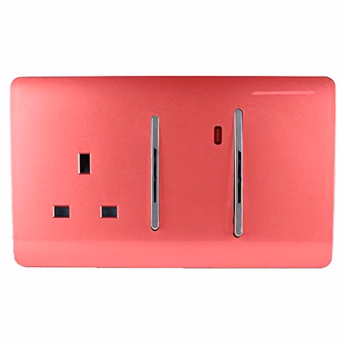 Trendi Artistic Modern Glossy 45 A Cooker Switch and Plug Socket Combination with Neon Insert in Red and Silver