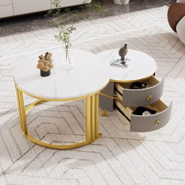 Merax Modern 2-Piece Nesting Coffee Table Set with Grey Marble Effect Round Tops