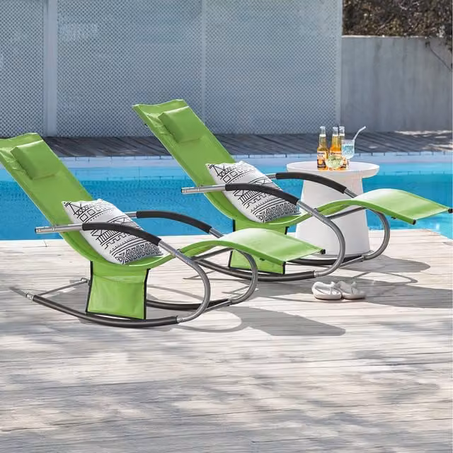 SoBuy Set of 2 Green Outdoor Garden Rocking Sun Lounger Recliners with Adjustable Headrests and Armrests