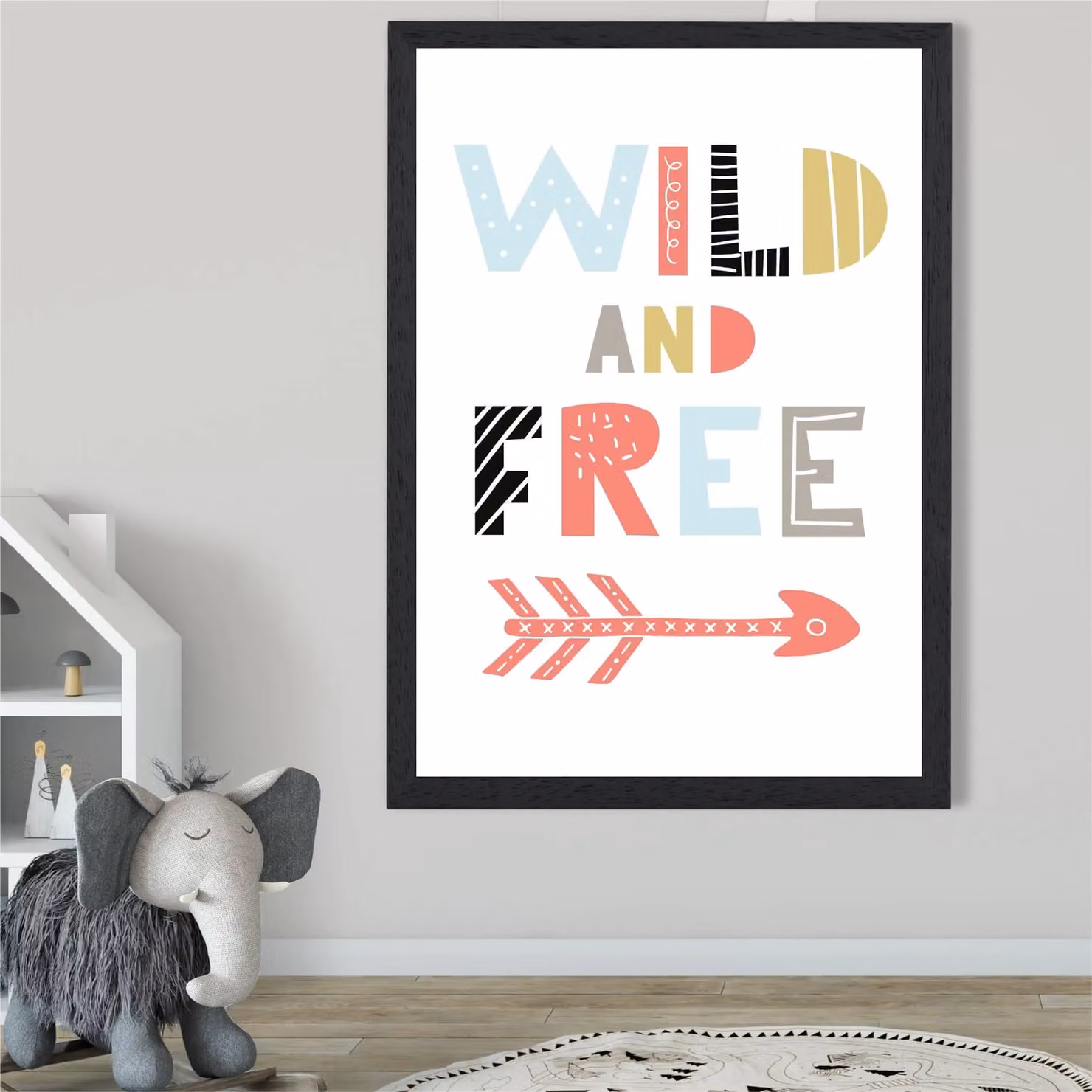 ARTZE Wild & Free Scandi Quote Framed Print, Pale Blue and Multicolour Typography Poster with Black Frame, Size: A2 – 2