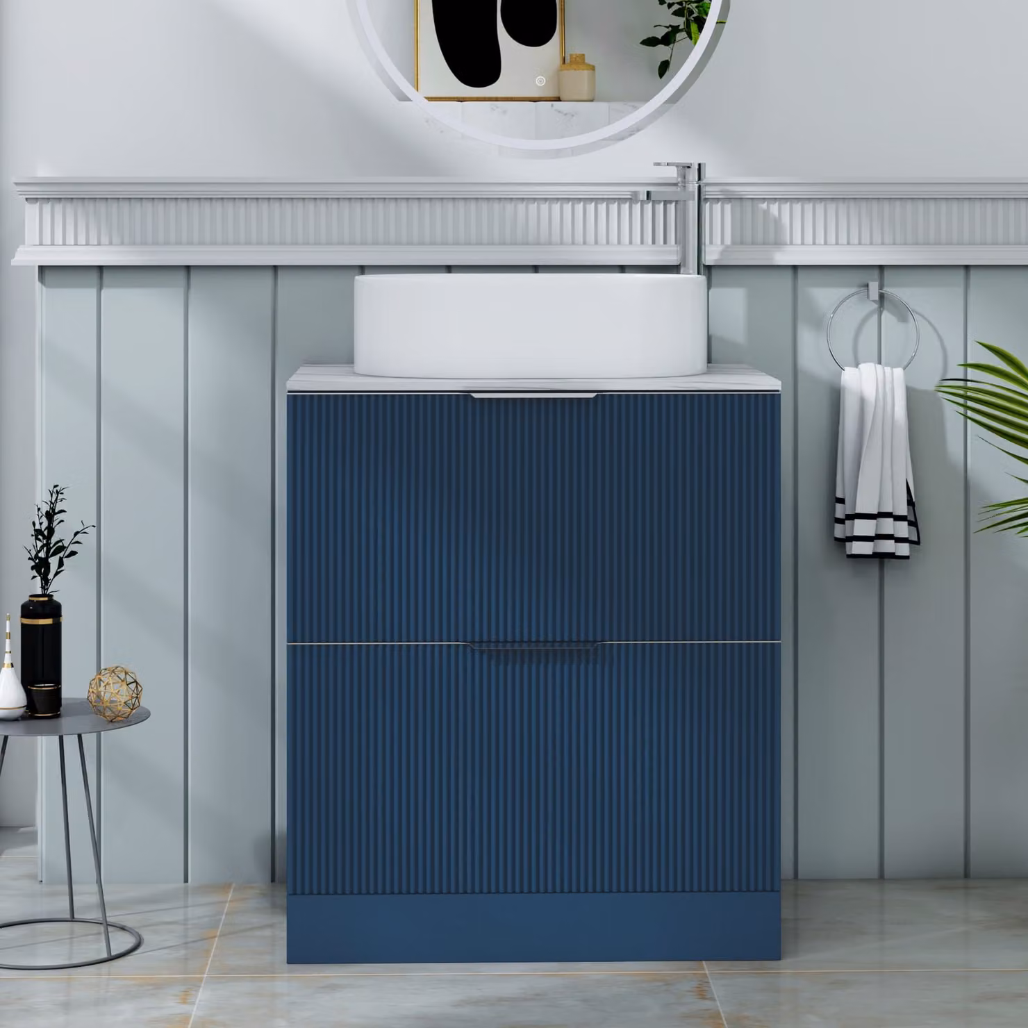 Royal Bathrooms Evora Midnight Blue Fluted Floor Standing Countertop Vanity Unit with 2 Drawers and Peak Basin, W: 70 cm