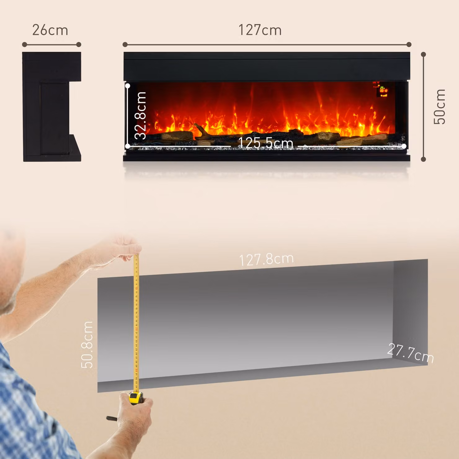 HOMCOM Black Wall Mounted Electric Fire with LED Flame Effect and Glass Front, 127 cm, 1800W – 3