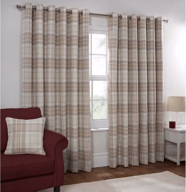 Divante Modern Checked Blackout Fabric Panel Curtains with Eyelets in Black and Beige, W: 167 cm, H: 167 cm