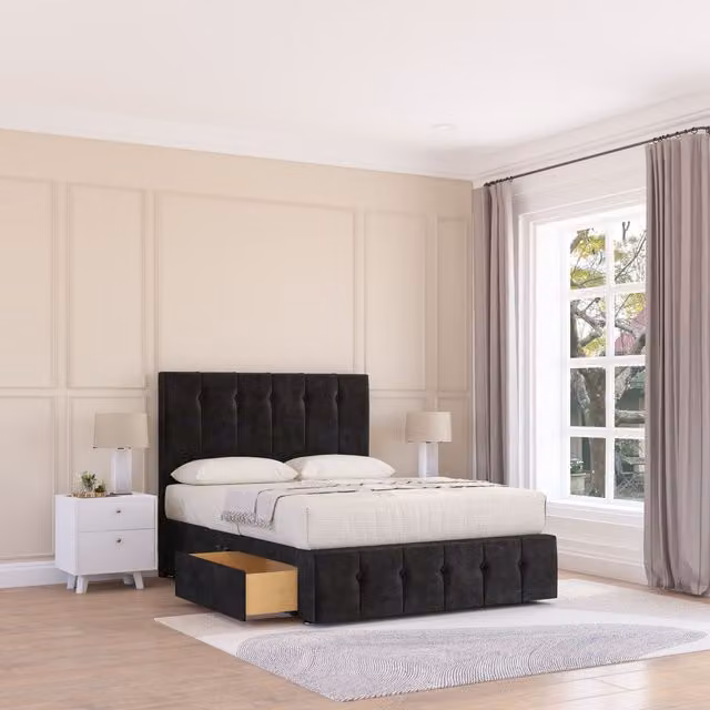 Sloomy Highbury Double Divan Bed Base and Floor Standing Headboard in Black Velvet, W/D/H: 140 x 200 cm