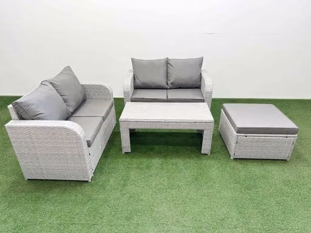 Fimous 5 Seater Rattan Garden Furniture Set in Light Grey with Outdoor 2 Seater Sofa, Coffee Table and Ottoman