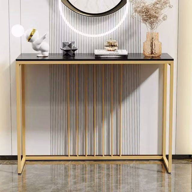 SPETLEK Slim Narrow Hallway Console Table in Black with Stone Ceramic Top