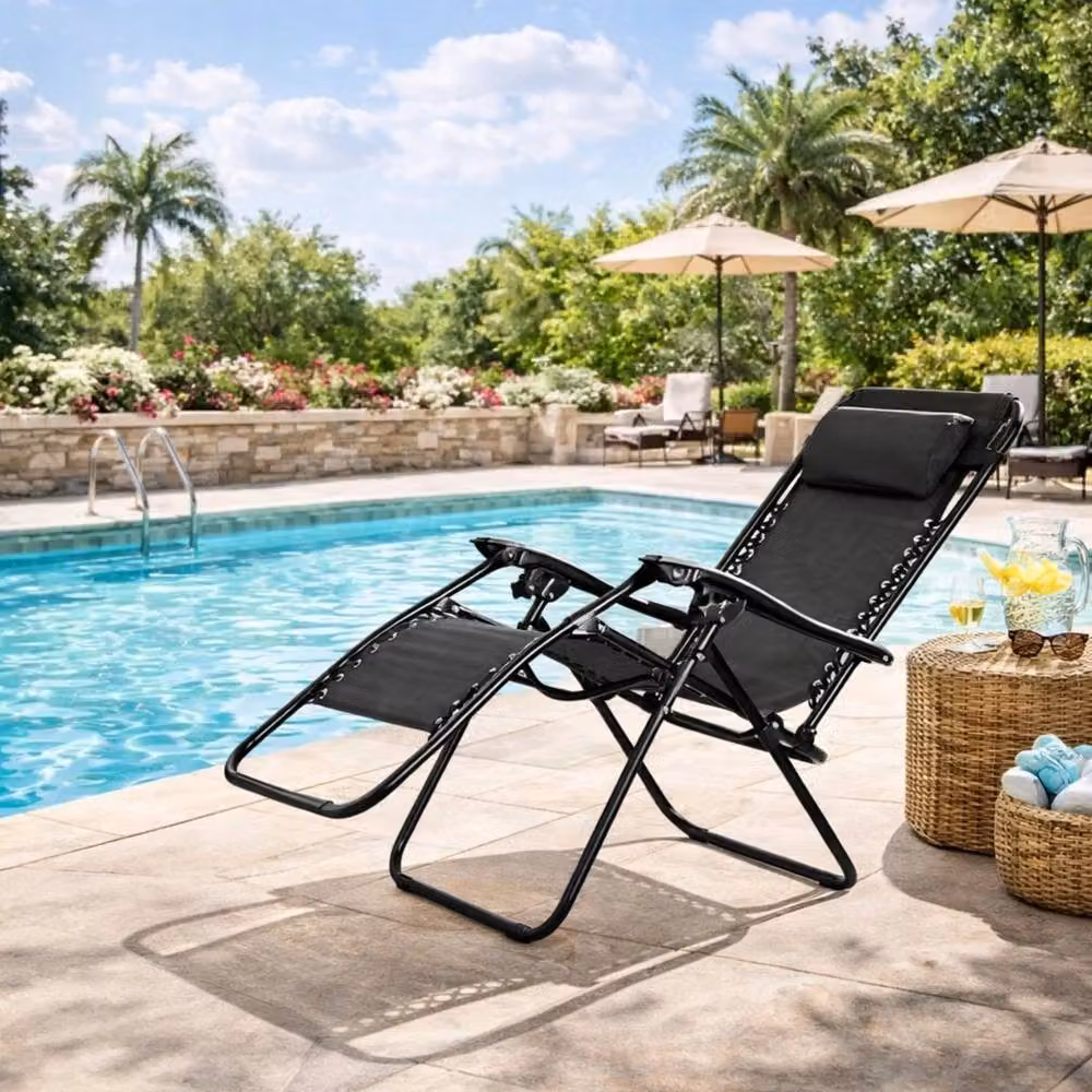 FORGEVIO Zero Gravity Reclining Sun Lounger in Black with Adjustable Headrest and Textilene Fabric – 4