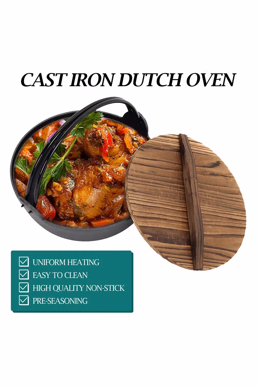 Living and Home 4L Cast Iron Dutch Oven with Wooden Lid, Black, Diameter: 29 cm, Height: 10.5 cm – 2
