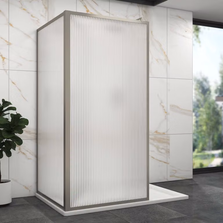 Luxor 2 Sided Walk In Fluted Shower Enclosure with Stone Tray and Gun Metal Grey Frame, 8mm Easy Clean Glass, W: 195 cm