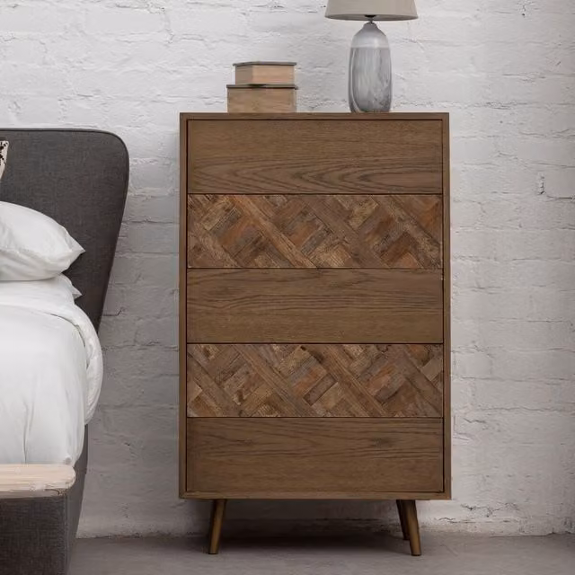 Orsina Oak and Elm 5 Drawer Geometric Wood Chest in Natural Sand and Brown with Brass Finish Feet, W/D/H: 114 x 70 x 70 cm