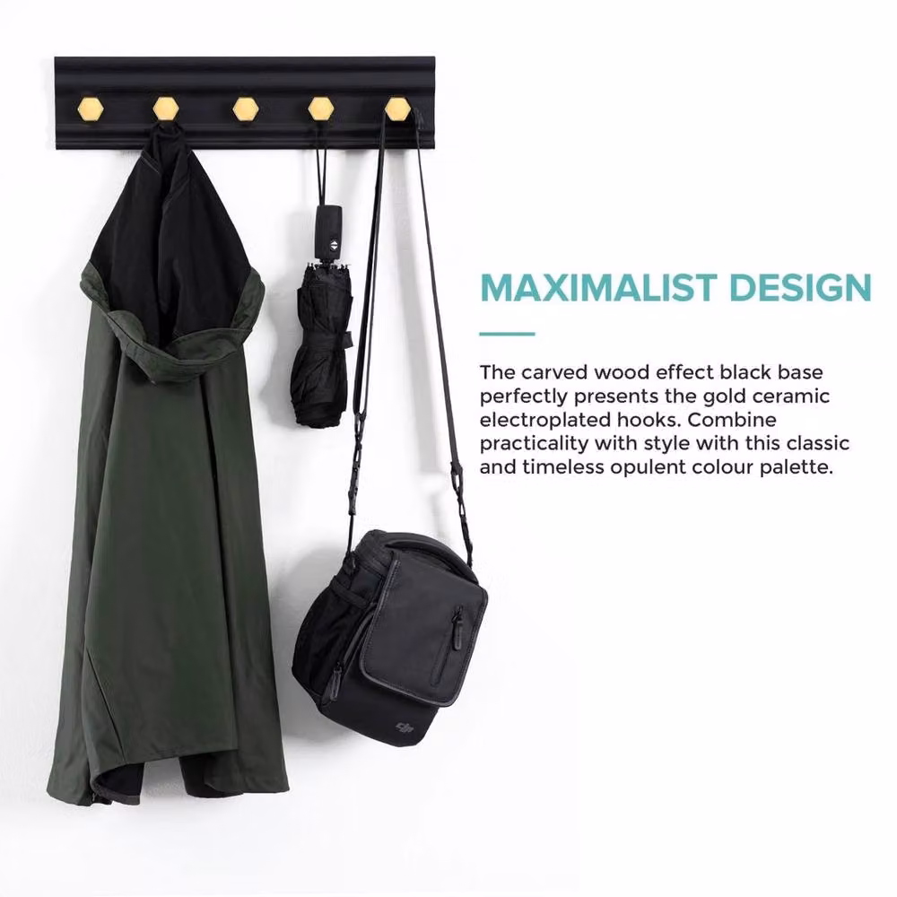 EONLION Modern 5 Hook Wall Mounted Coat Rack in Matt Black and Gold, Width: 50 cm – 3