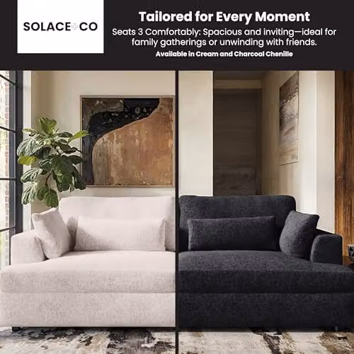 Solace+Co Drew 3 Seater Modern Chenille Lounge Sofa in Cream with Foam-Filled and Removable Cushion Covers – 7
