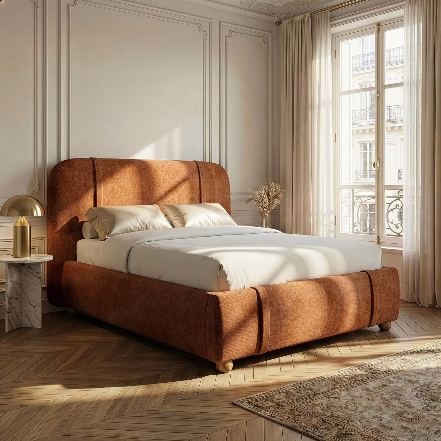 DHS Modern Upholstered Bed Frame with Padded Headboard in Rust, W/D/H: 140 x 200 cm
