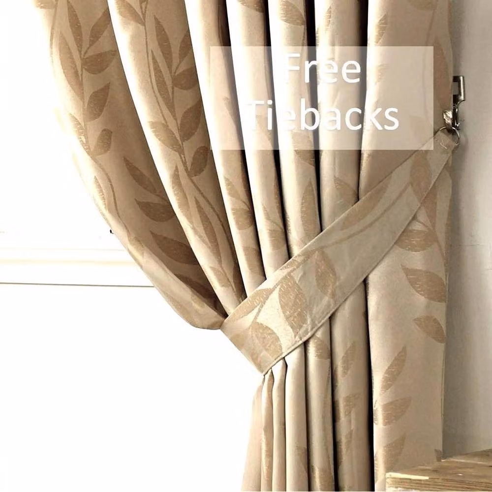 Luxury Living Beige Jacquard Leaf Floral Ring Top Curtains, Fully Lined Silk Look, Width: 117 cm, Drop: 137 cm – 2