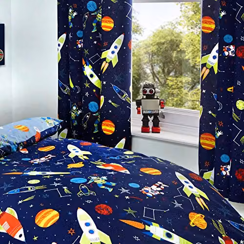 Bedlam Supersonic Glow In The Dark Star Pattern Pencil Pleat Curtains, Blue, W: 168 cm, D: 183 cm – 1