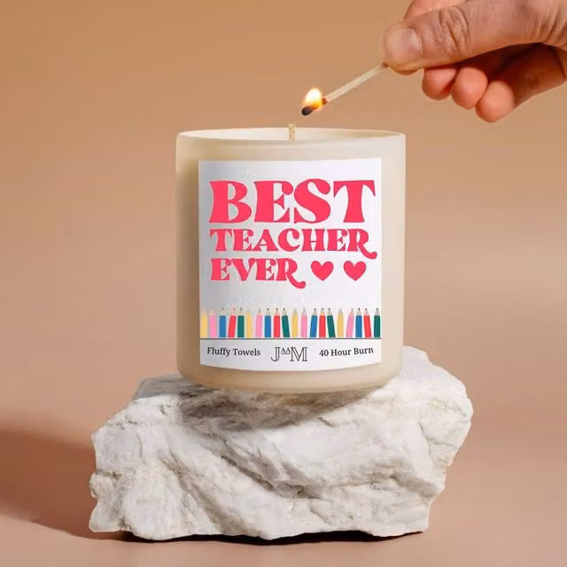 JAAM Best Teacher Ever Candle Gift Set with White Fluffy Towels