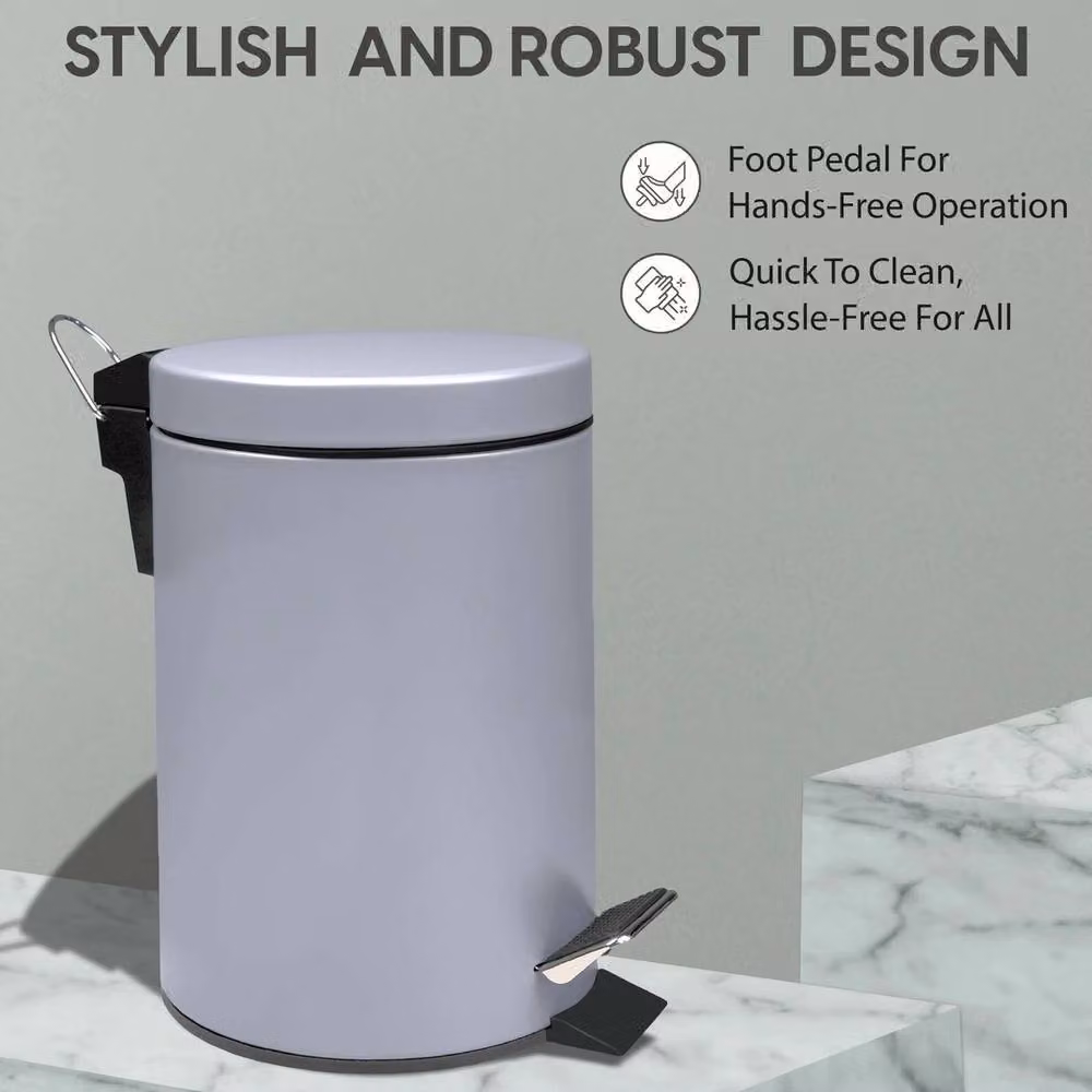 VOGREX Grey 3L Small Stainless Steel Pedal Waste Bin for Bathroom and Kitchen – 3