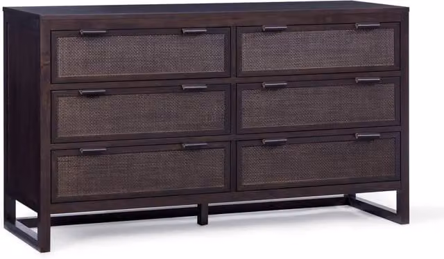 Teamson Home Hatteras 6 Drawer Mocha Wood Dresser with Rattan Panels and Acacia Veneer, W: 140 cm, D: 45.72 cm, H: 81.28 cm
