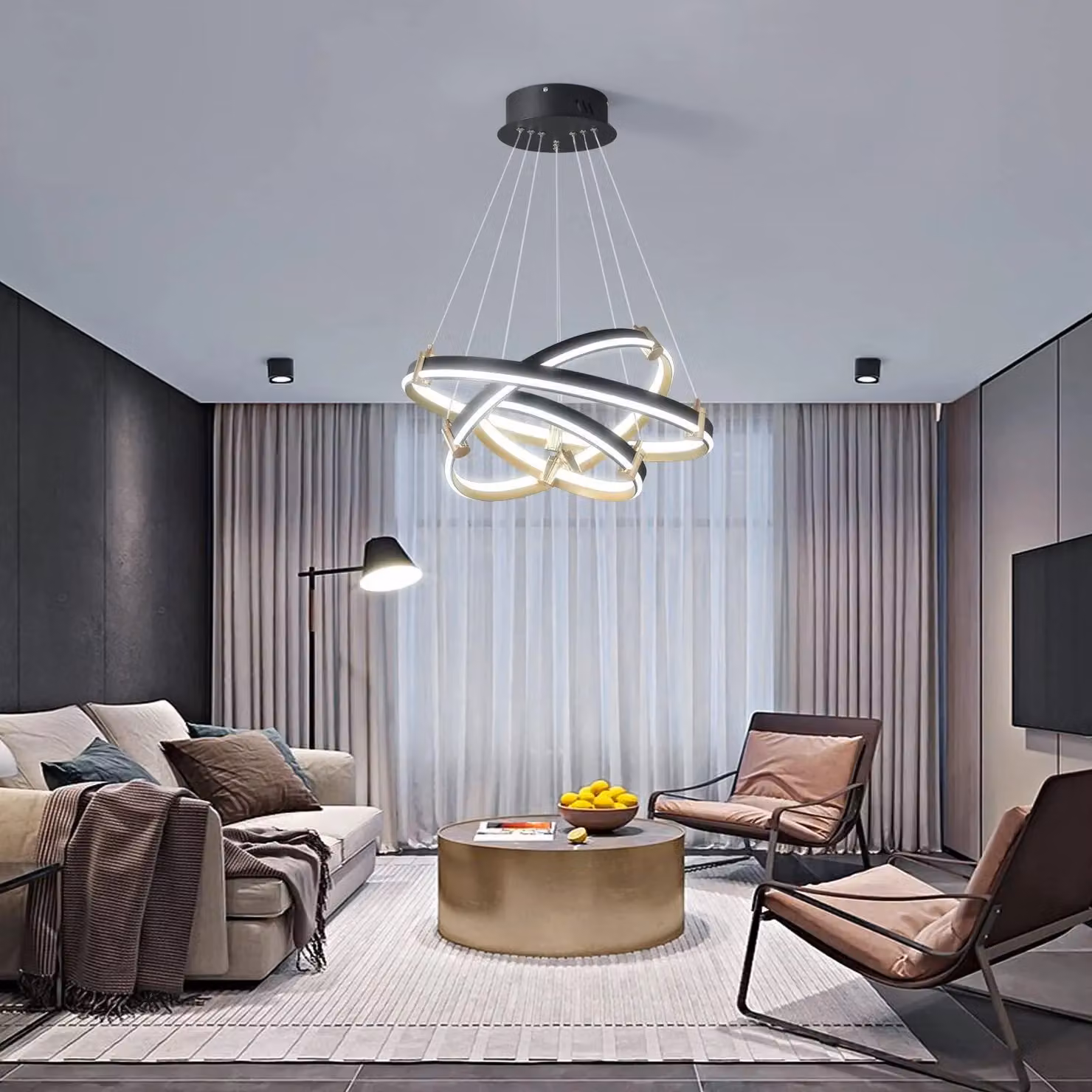 Garwarm Modern 3-Ring 90W Black Acrylic Dimmable LED Suspended Pendant Light with Remote Control – 2