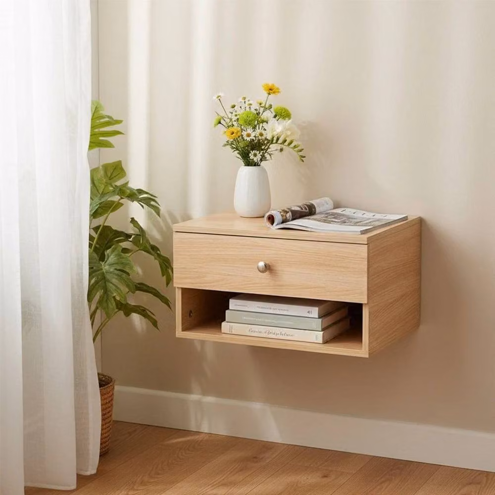 NESTLUNE Floating Side Table with Drawer, Wall-Mounted Bedside Nightstand in Light Oak, W: 100 cm, D: 15 cm, H: 15 cm – 2