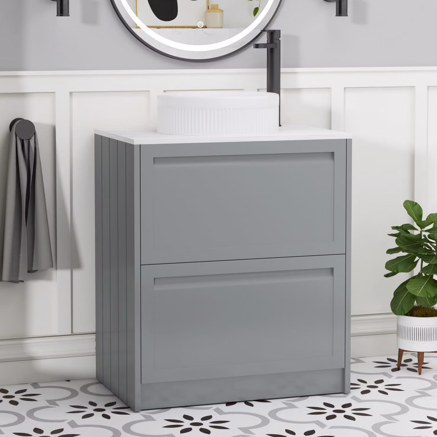 Royal Bathrooms Elmore Floor Standing Countertop Vanity Unit with 2 Drawers and Round Basin, Matt Pebble Grey