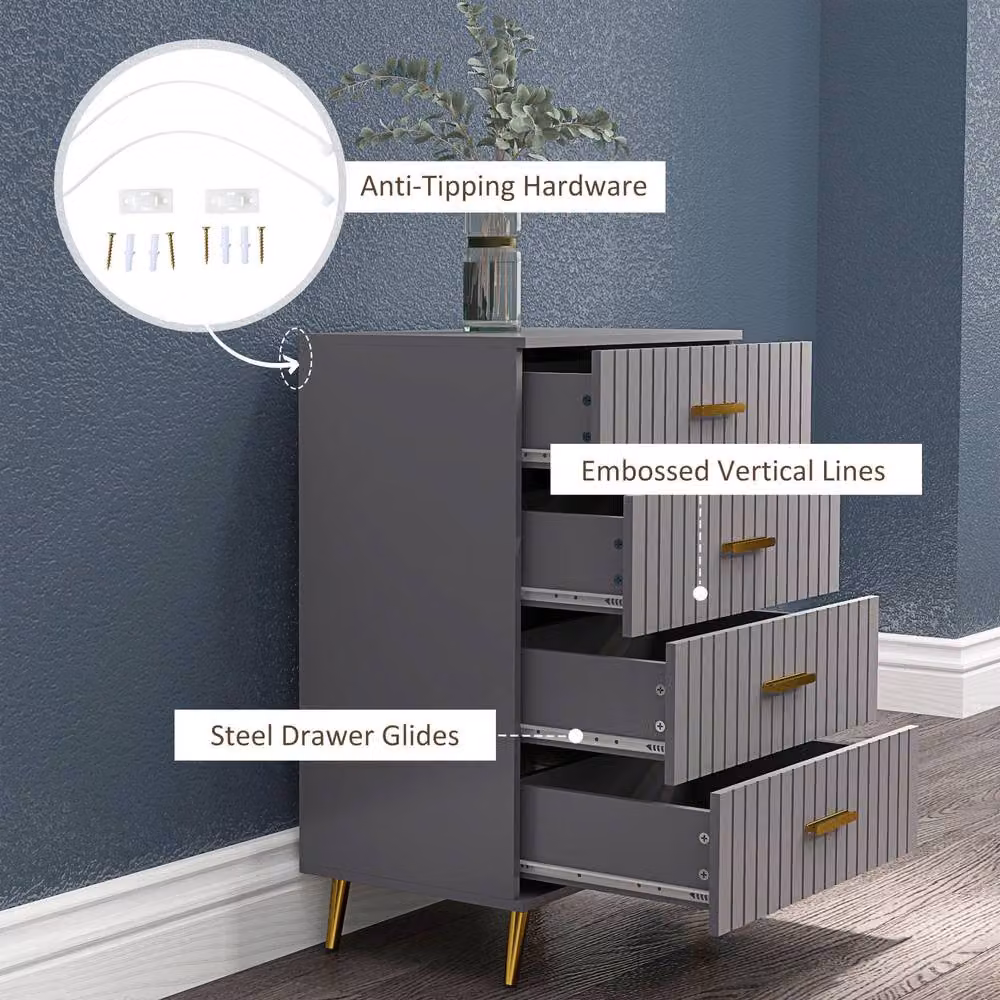STILVORA Modern Grey Chest of Drawers with Embossed Striped Front and Gold Metal Accents – 3