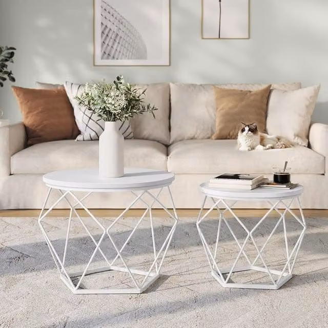 VASAGLE Set of 2 Round Nesting Side Tables with Industrial X-Frame Metal and White Composite Wood Tops