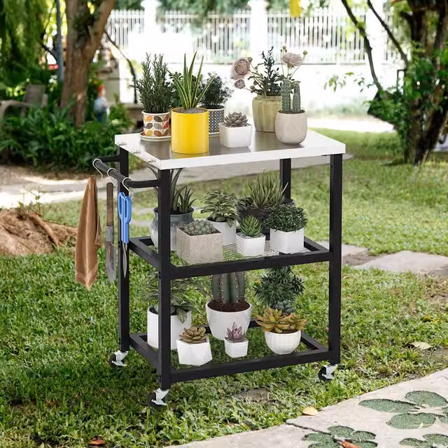 COSTWAY 3-Tier Black Metal Outdoor Grill Cart on Wheels