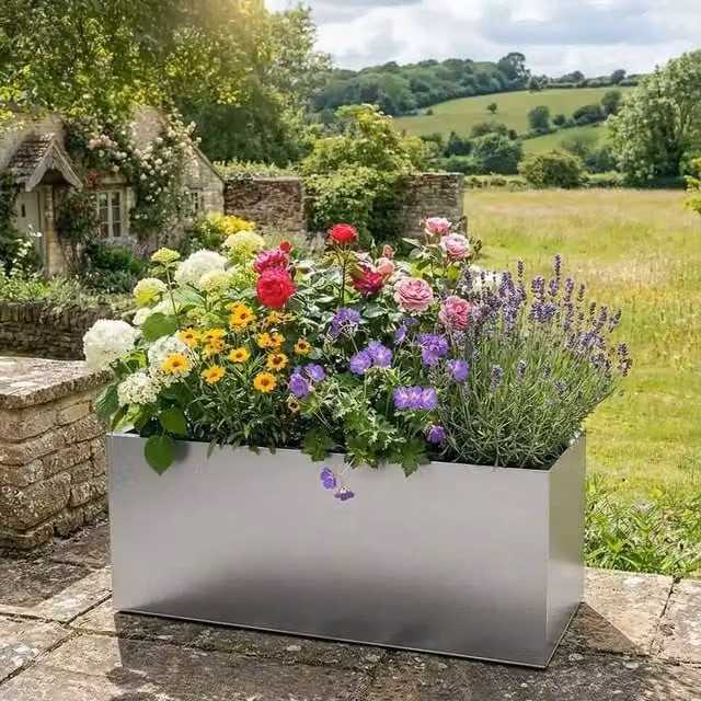 Silver Galvanised Steel Trough Planter Tub, 70 cm