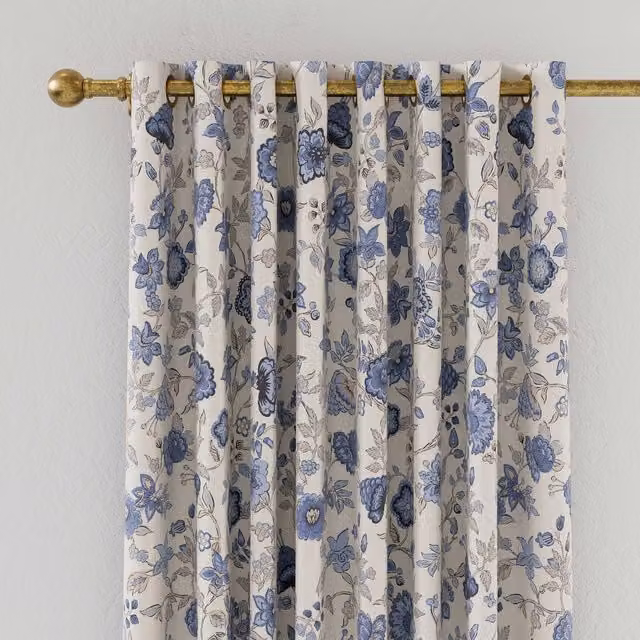 Joules Indienne Blue and Silver Floral Blackout Eyelet Curtains, W: 167.64 cm, H: 137.16 cm