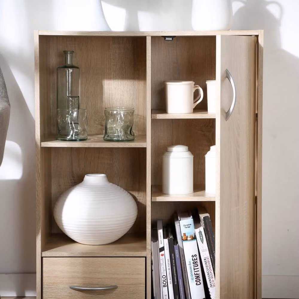 CALICOSY 2-Compartment Storage Shelf with 1 Drawer and 1 Cupboard, Light Brown, W: 61.5 cm, H: 80.0 cm, D: 29.5 cm – 3