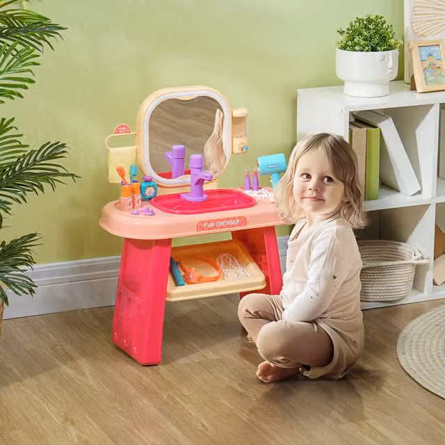 AIYAPLAY Kids Dressing Table with Mirror, LED Light and 23 Accessories, Pink