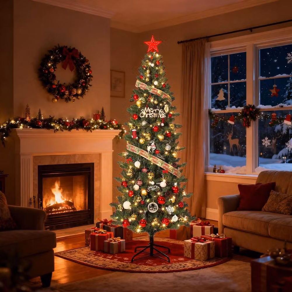 London Boutique 6ft Slim Pencil Artificial Christmas Tree with Warm White LED Lights in Green – 5