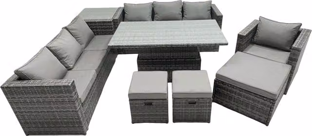 Fimous PE Rattan Garden Sofa Set with Rising Table and Footstools in Dark Grey