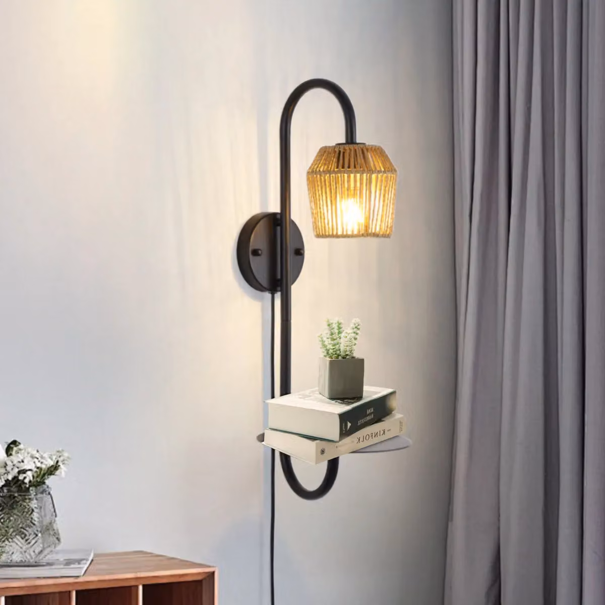 Garwarm Black Armed Plug-in Wall Sconce with Height Adjustable Metal Design – 2