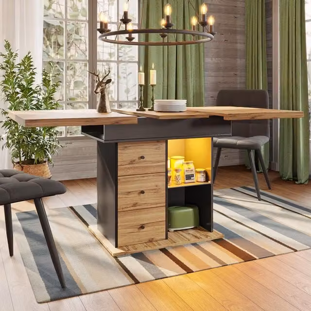 Aosom UK Modern Telescopic Dining Table with App-Controlled LED Lighting and Built-In Storage, Black and Natural, W: 80 cm, D: 140 cm, H: 75 cm